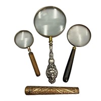 Victorian Sterling, Brass, Wood Magnifying Glasses