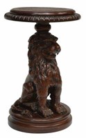 CARVED MAHOGANY LION DISPLAY PEDESTAL STAND