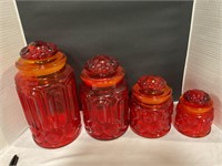 Amberina glass 4 piece canister set with lids