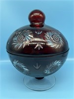 Large Boehemian Cut To Clear Cranberry Lidded