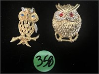 2 Owl Pins w/Stones: Blue Eyes and Red Eyes