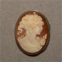 Sterling Shell Cameo Brooch - Signed