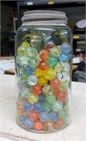 JAR OF MARBLES / BLUE CANNING W/ ZINC LID