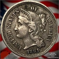 RARE 1881 US 3 CENT SILVER HIGH GRADE NICKEL COIN