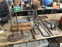 Lot vintage tools, etc, - upright counter mount