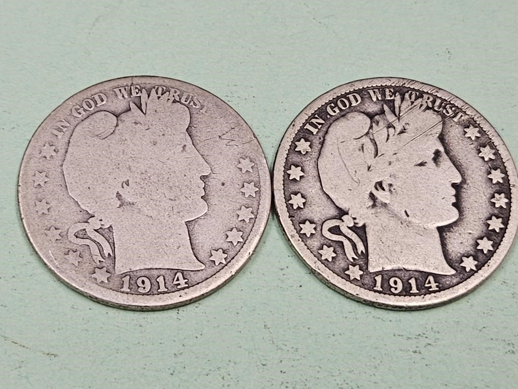 2 -  1914  Barber Silver Half Dollar Coins