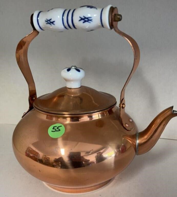 Copper Teapot w/ Blue & White Porceleain handle