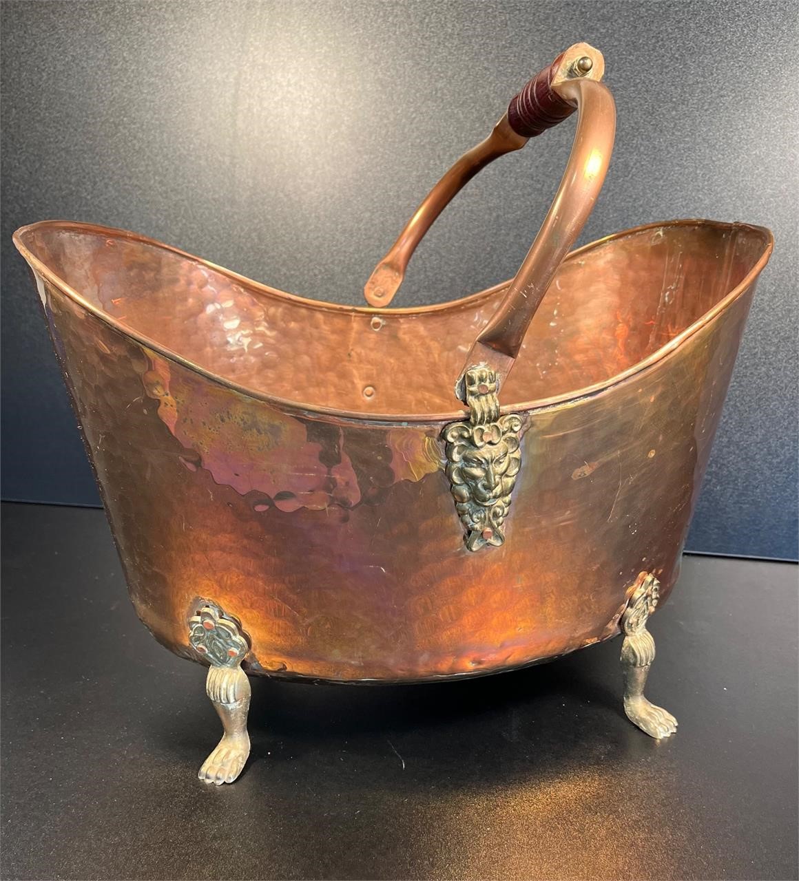 Vintage Hammered Copper Scuttle Bin