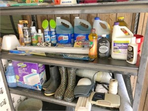 cleaning supplies, rubber boots on 2) shelves