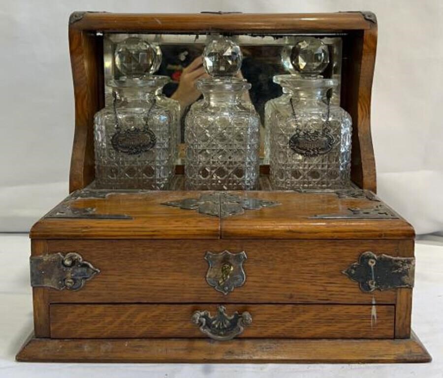 Antique Oak & Brass Tantalus W/ Bourbon, Whiskey &