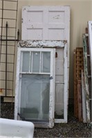 ASSORTED WINDOW PANES AND WOODEN DOOR