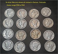 16 Mercury US Silver dimes ALL D MINT 1918-1945