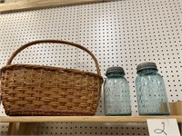 2 BLUE BALL JARS W/ ZINC LIDS - BASKET