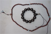 ORIENTAL PURPLE TAN WOOD BEAD BRACELET & NECKLACE