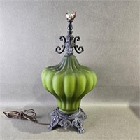Vintage Frosted Green Glass & Cast Iron Lamp **
