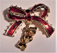 Enamel Dangling Bells Bow Pin Christmas 2" x 1 3/"