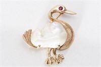 Goose Brooch, Baroque Pearl in 14K Gold with Ruby