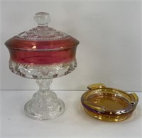 RUBY FLASH COVERED COMPOTE , CARNIVAL ASHTRAY