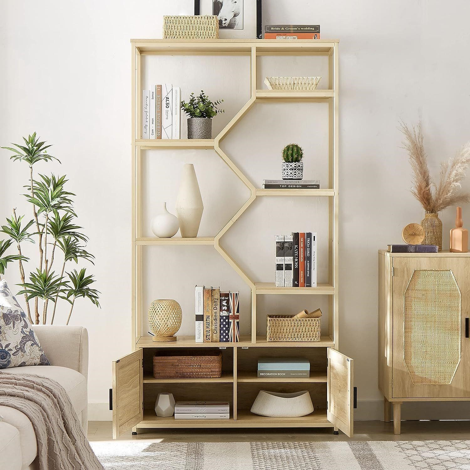 7-Tier Handmade Rattan Bookshelf with Cabinet