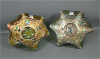(2) Fenton Green Ruffled Carnival Glass Bowls.