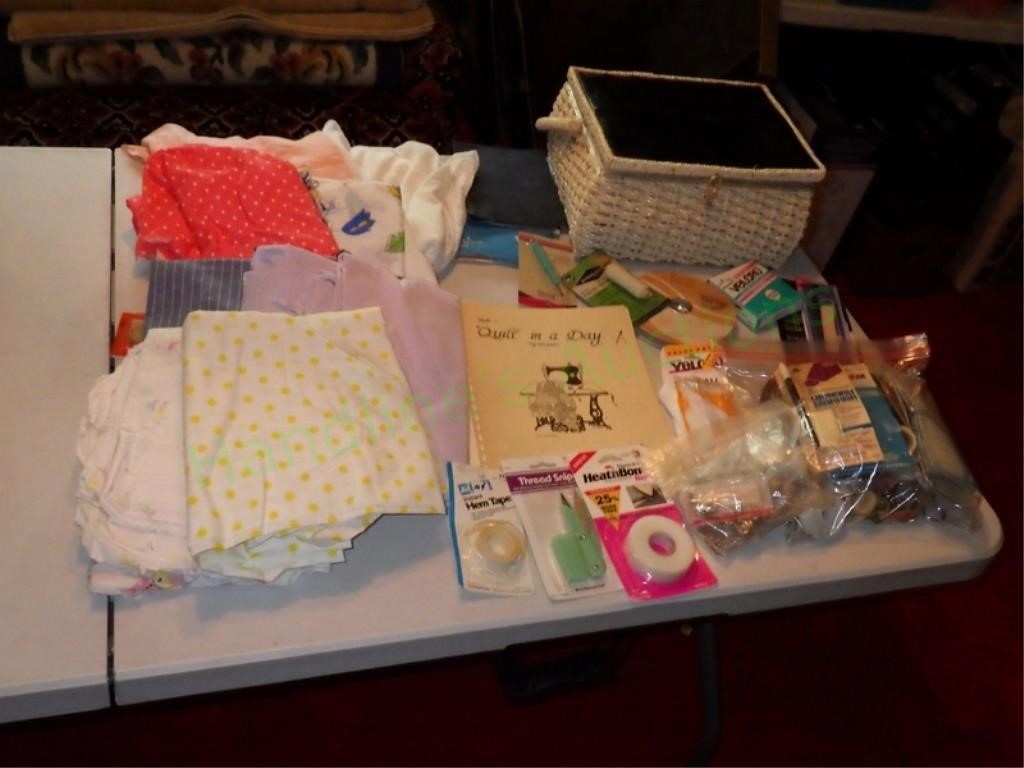 Box of Fabric, Sewing Notions and Vtg Sewing Box