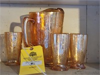 CARNIVAL GLASS PITCHER AND GLASSES