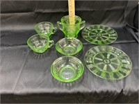 Selection of green depression glass