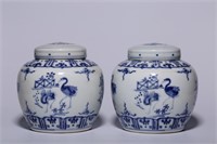 Pair of Chinese Blue and White Cover Jar,