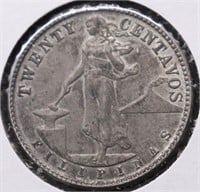 1844 D US PHILIPPINES SILVER 20 CENTS AU