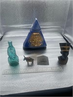 assorted pyramid Egyptian lot, glass metal ceramic