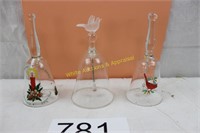 Grp of 3 Dainty Clear Glass w/Christmas Birds Bell