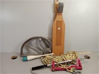 Lake life items, wakeboard rope, boat hook, flay
