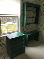 Green painted chest, bench and wall shelf