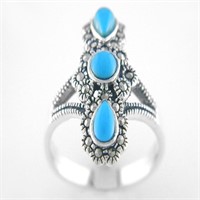 Marcasite & Turquoise Split Shank Ring - Size 8