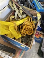 Box lot - chains, ropes, pry bars, harness