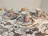 4 petite porcelain cups & saucers Rose chintz