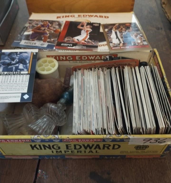 KING EDWARD CIGAR BOX, W/ BASKETBALL CARDS, MISC.