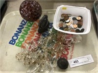 Selection of Foreign Coins, Glass Prism, Pottery