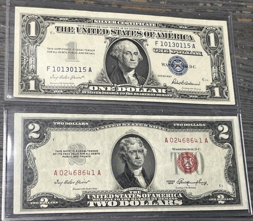 1957 $1 Silver Certificate "UNC" & 1953 $2 Bill