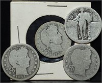 4 Early US Silver Quarters Barber & Standing