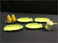 Corn tableware; boats, s/p, butter warmer