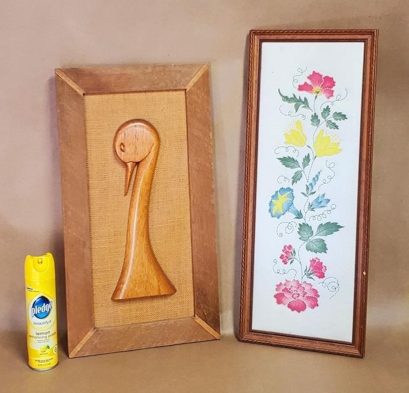 2pc FRAMED WOOD DUCK HEAD, FLORAL PICTURE, NO SHIP