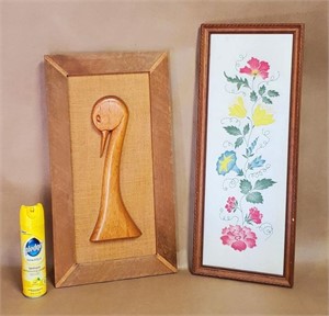 2pc FRAMED WOOD DUCK HEAD, FLORAL PICTURE