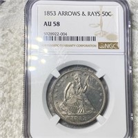 1853 Seated Half Dollar NGC - AU58 ARROWS & RAYS