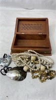 Vintage 6 inch Carved Wood Trinket Box necklaces e