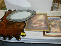 OVAL MIRROR WITH PLASTIC FRAME, 2 FRAMED PRINTS,