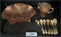 Carnival Glass Dishes, Gold Tone Spoons.