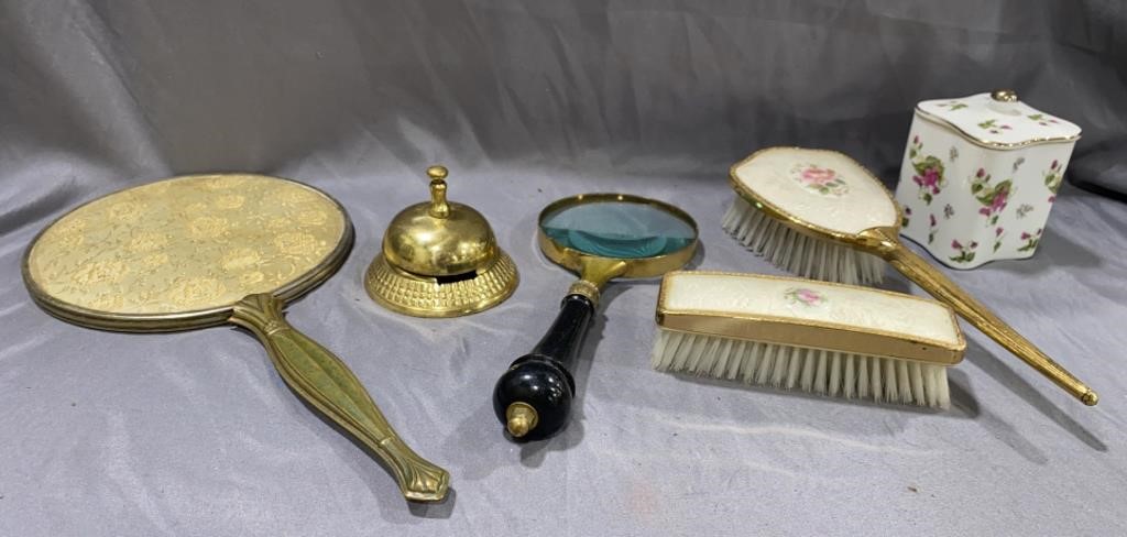 Vtg Dresser Set, Brass Service Bell & Magnifying