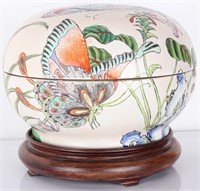 DECORATIVE PORCELAIN BUTTERFLY BOWL AND WOOD STAND