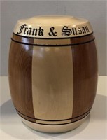 Wooden barrel coin bank